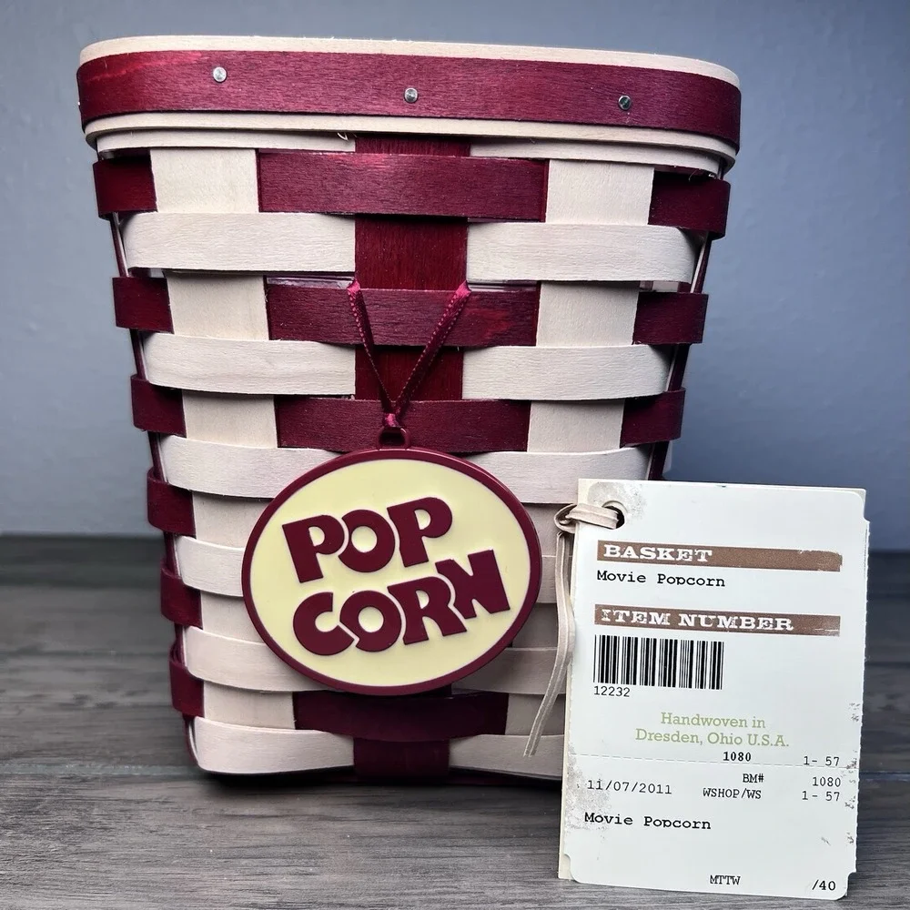 Longaberger 2011 Movietime Movie Popcorn Basket, hard protector, metal tie on